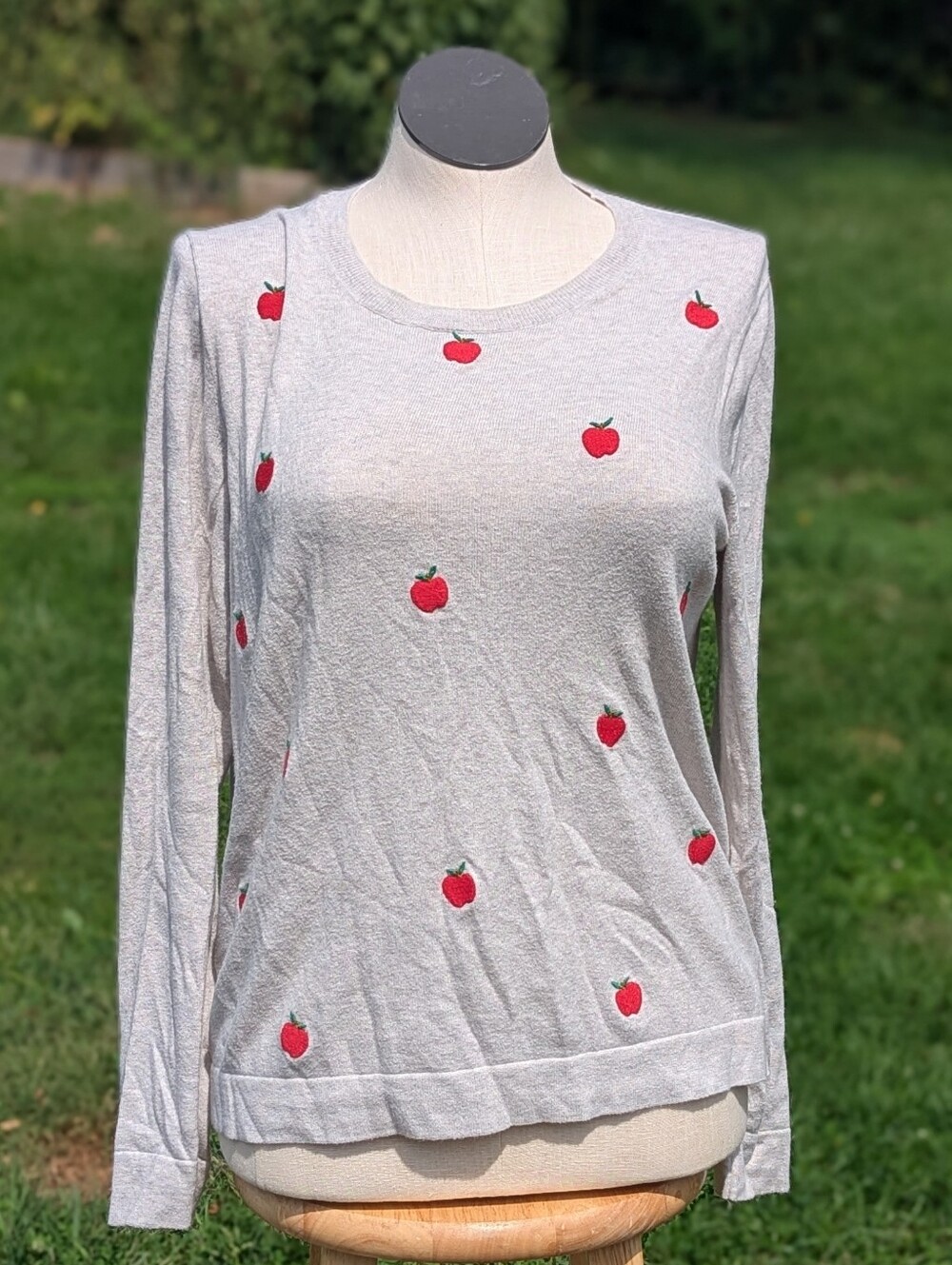 J. Crew Light Gray Long-Sleeve Tee with Red Apple Motif